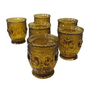 6 Retro Style Jewelry Barton Glass Amber Colored Drinking Glasses - 7 oz.